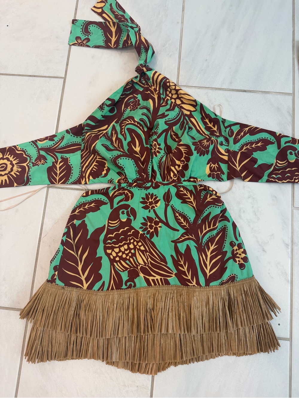 Green & Brown Halter Fringe Mini Dress- Johanna Ortiz - Picture 2 of 4